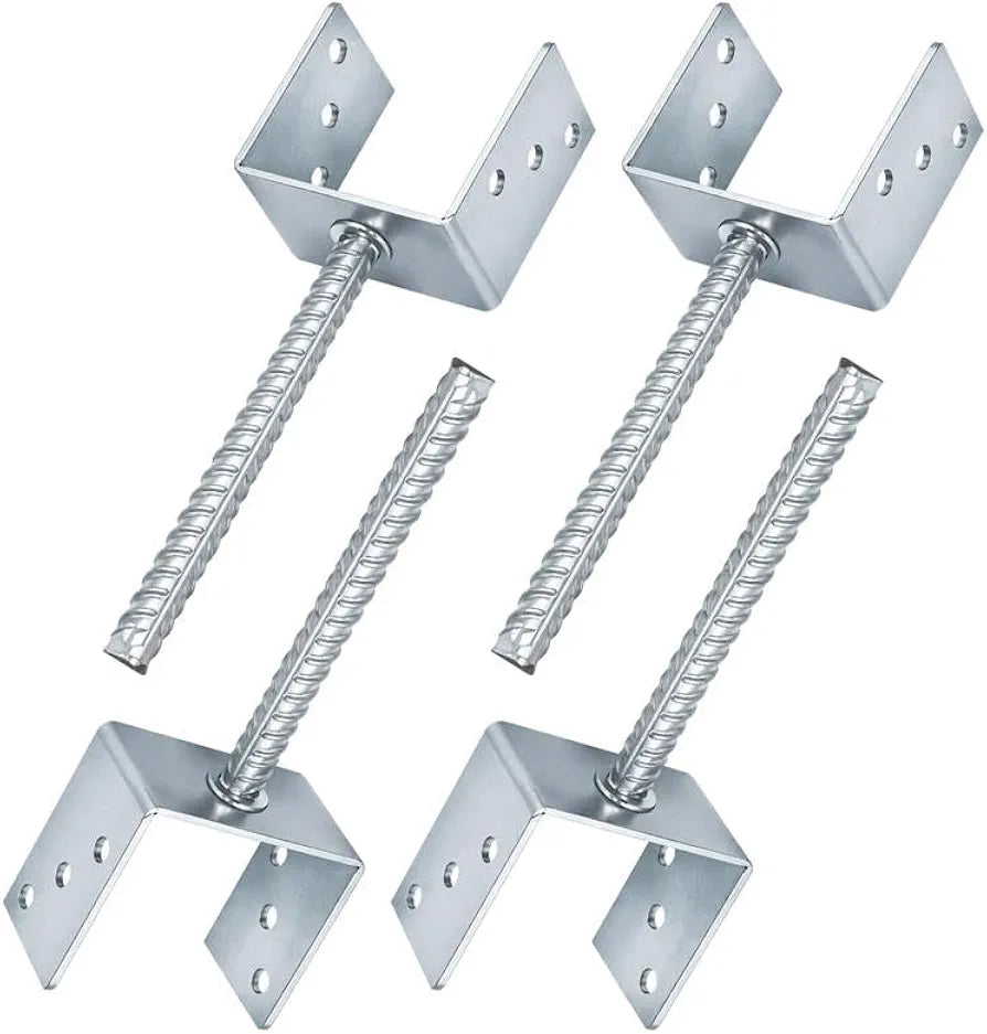 4 x Fence Posts Support, U-Type Pergola Bracket Extenders with Foot-Shaped Concrete Anchors. Heavy-Duty Galvanized Steel Spikes, 4mm Thick. 100 x 100 x 60mm