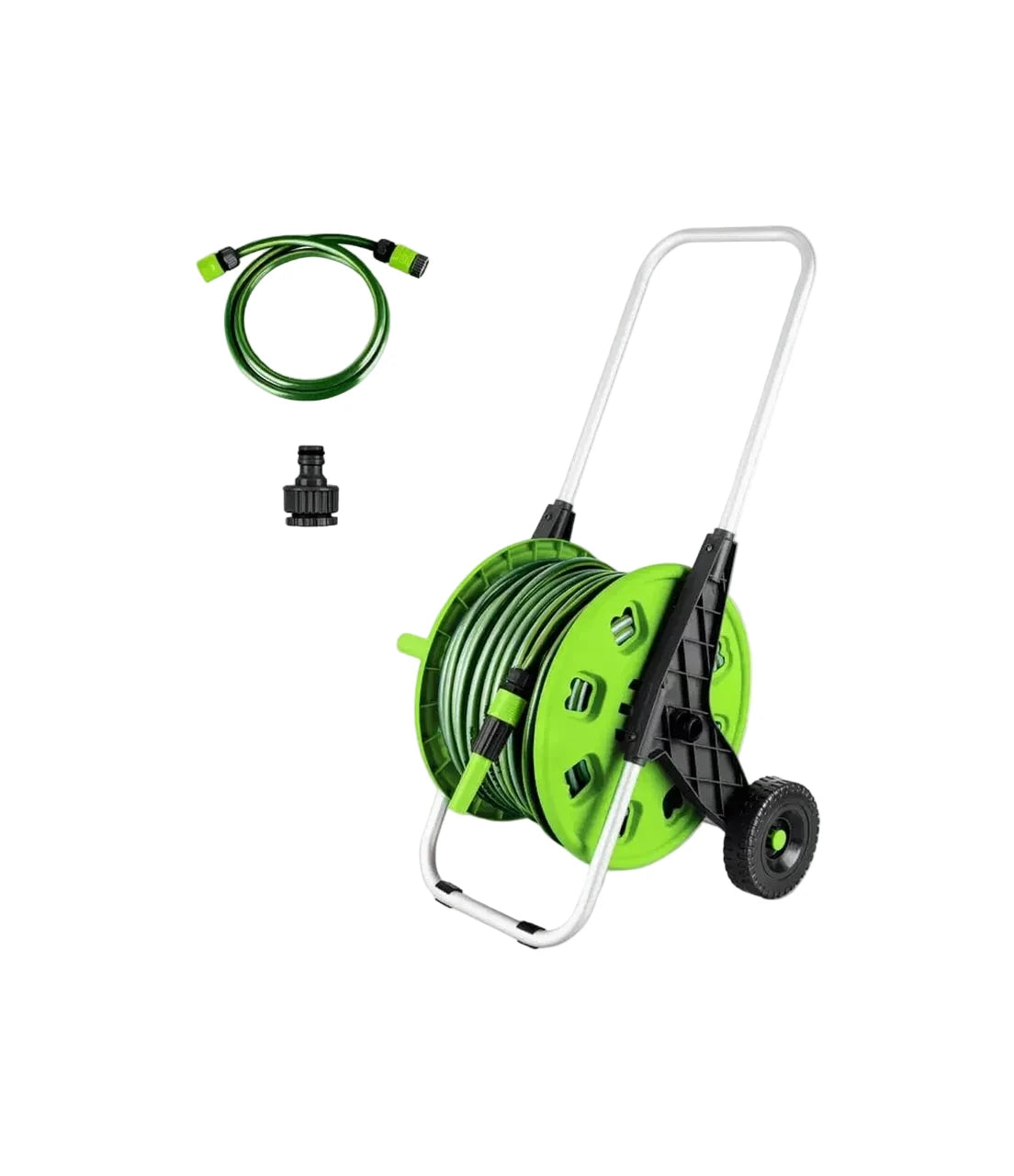 50M Garden Hose Trolley with Hosepipe |48.5m Water Pipe + 1.5m Leader Hose | Spray Gun | Rewind Handle | Tap Connectors | Wheels | Freestanding | Car Pressure Washer Compatible