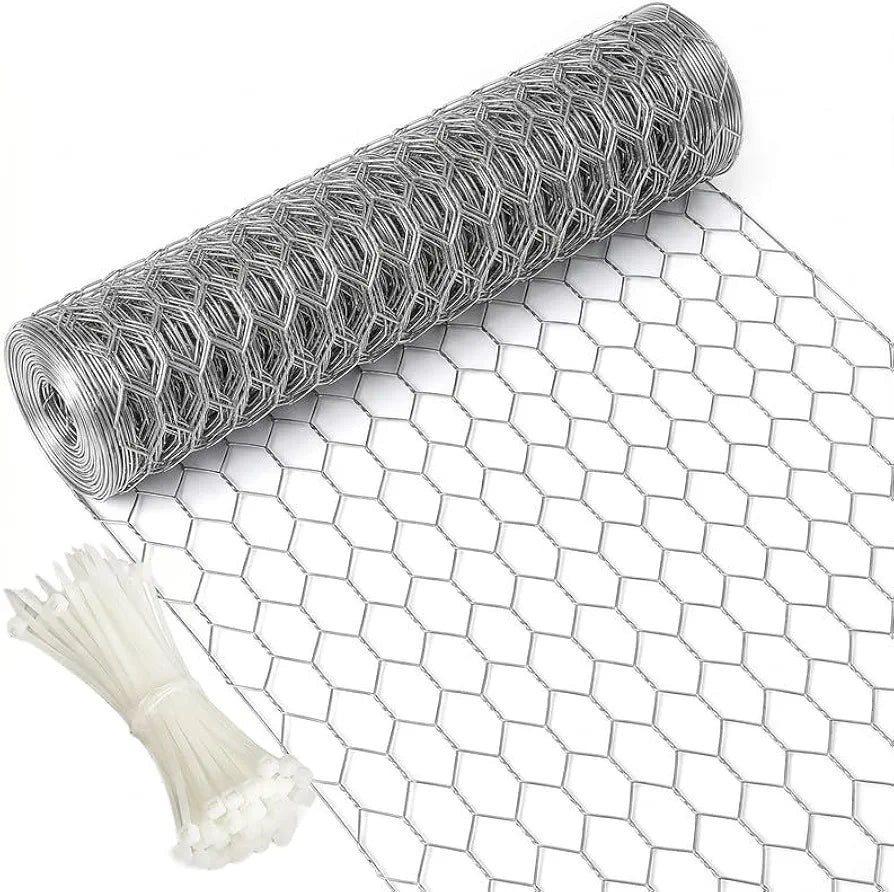 Chicken Wire 40cm x 10m, 25mm Chicken Wire Mesh Roll with 100 Cable Ties, Anti-Rust Hexagonal Galvanized Metal Wire Mesh, for DIY, Pet Rabbit Chicken Fencing, Protect Gardening Plants