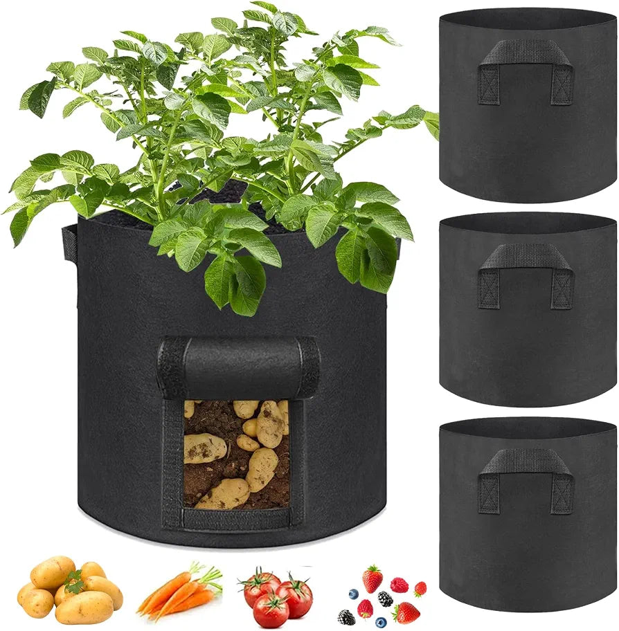 4 Pack of 10 Gallons Plant Grow Bags Thickened Nonwoven Fabric Pots with Handles Potato Vegetable Seed Planters Reusable Sack Garden Patio Growing Bag for Soil Root Strawberry Carrot Tomato