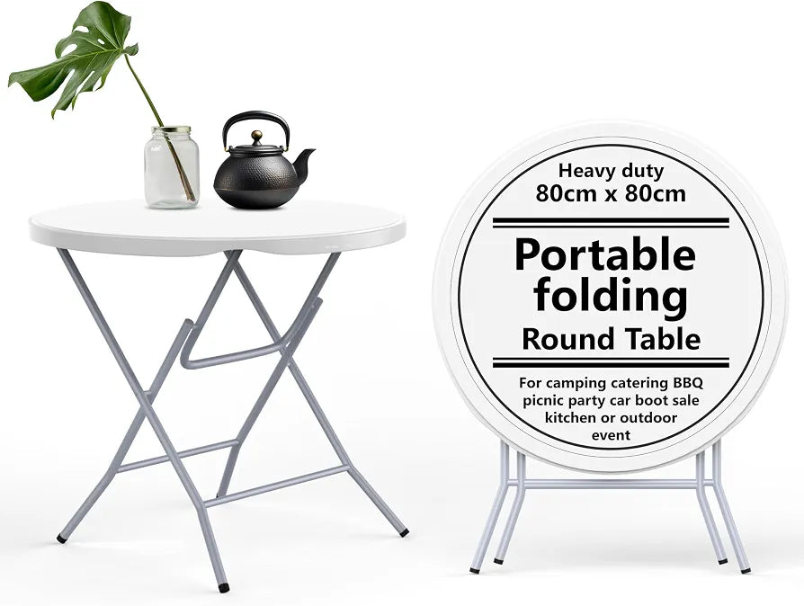 Vivo Technologies 80cm Round Folding Table, Portable Plastic Garden Table for Camping, Catering, BBQ, Picnic, Party, Car Boot Sales, Dining, Kitchen & Outdoor Events, White