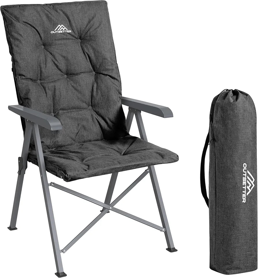 Luxury Adjustable Camping Chair for Adults Heavy Duty Outdoor 4-Position High Back Oversized Garden Padded Folding Chair for Caravan Dining Beach Picnic Fishing 150kg Load Capacity Black