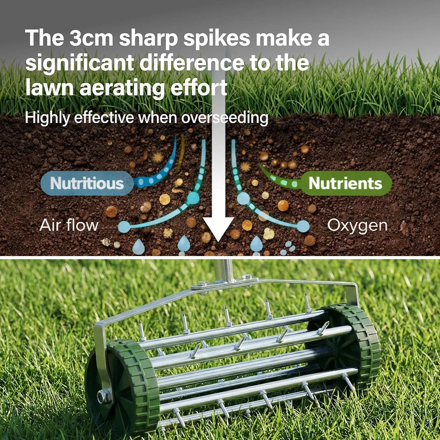 Rolling Lawn Aerator Roller with Steel Spikes, Heavy Duty Garden Soil Aerator, Manual Push Aeration Tool with 3 Piece Handle, 41x15x145cm - Green