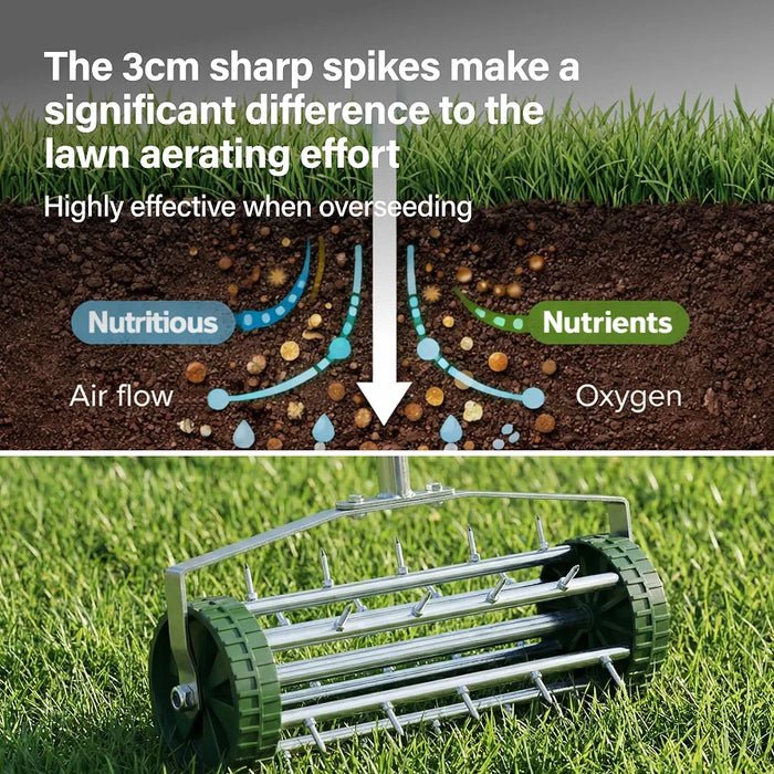 Rolling Lawn Aerator Roller with Steel Spikes, Heavy Duty Garden Soil Aerator, Manual Push Aeration Tool with 3 Piece Handle, 41x15x145cm - Green