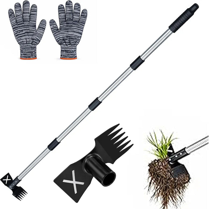 Weed Puller Tool with Long Handle, 148cm Weed Remover, 2-in-1 Gardening Hand Tools with Glove, Weeder Rake & Garden Hoe Combo, Manual Weeding Tool for Garden Yard Patio Lawn