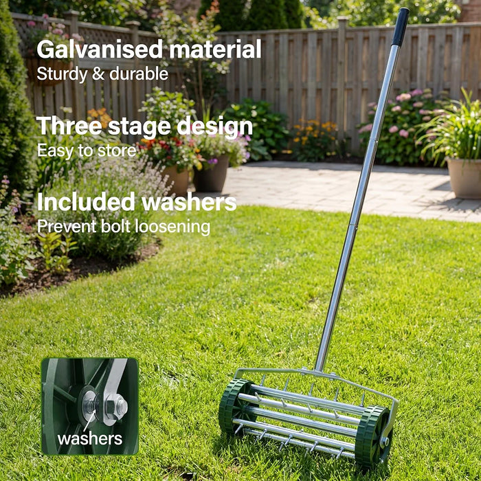 Rolling Lawn Aerator Roller with Steel Spikes, Heavy Duty Garden Soil Aerator, Manual Push Aeration Tool with 3 Piece Handle, 41x15x145cm - Green