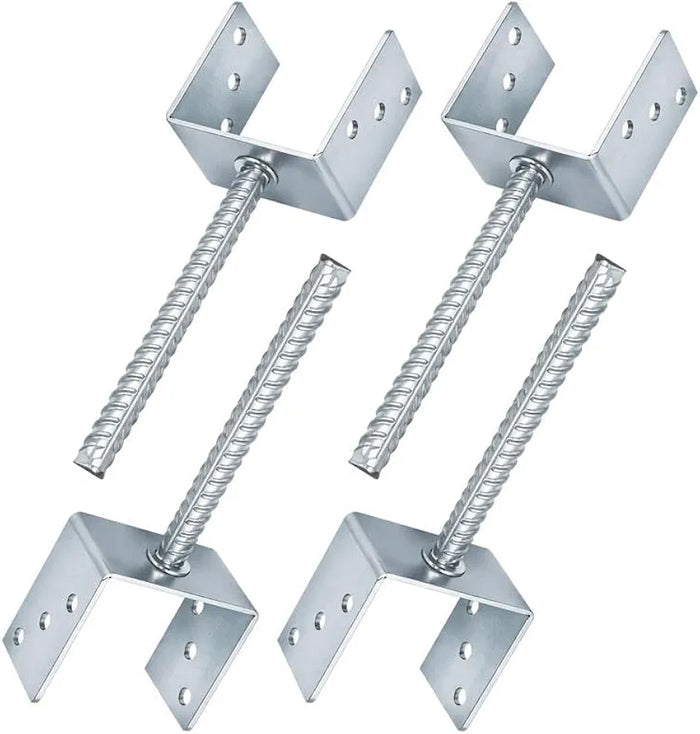 4 x Fence Posts Support, U-Type Pergola Bracket Extenders with Foot-Shaped Concrete Anchors. Heavy-Duty Galvanized Steel Spikes, 4mm Thick. 100 x 100 x 60mm 
