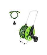 50M Garden Hose Trolley with Hosepipe |48.5m Water Pipe + 1.5m Leader Hose | Spray Gun | Rewind Handle | Tap Connectors | Wheels | Freestanding | Car Pressure Washer Compatible