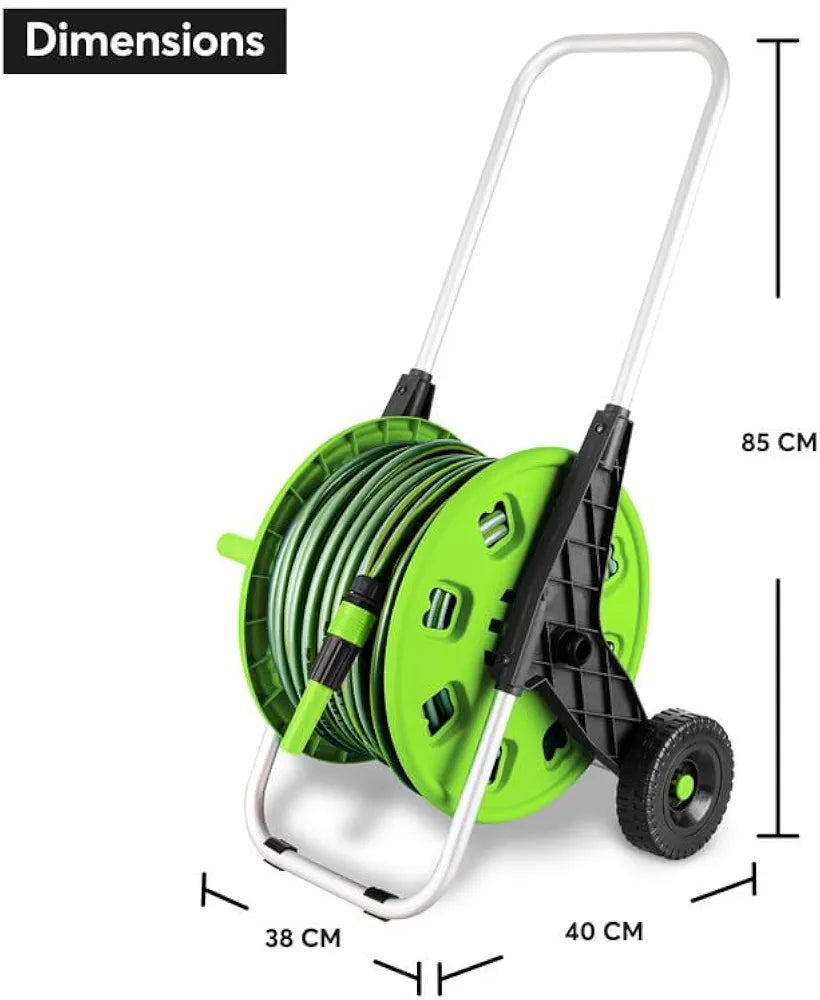 50M Garden Hose Trolley with Hosepipe |48.5m Water Pipe + 1.5m Leader Hose | Spray Gun | Rewind Handle | Tap Connectors | Wheels | Freestanding | Car Pressure Washer Compatible