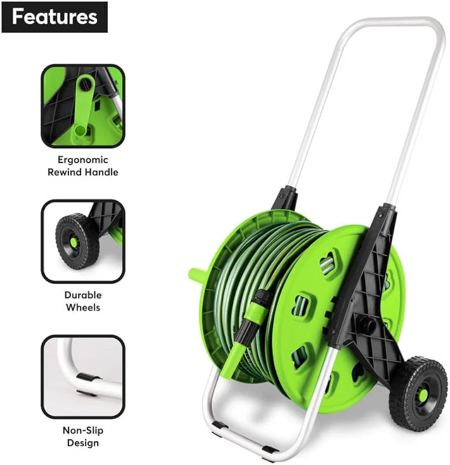 50M Garden Hose Trolley with Hosepipe |48.5m Water Pipe + 1.5m Leader Hose | Spray Gun | Rewind Handle | Tap Connectors | Wheels | Freestanding | Car Pressure Washer Compatible