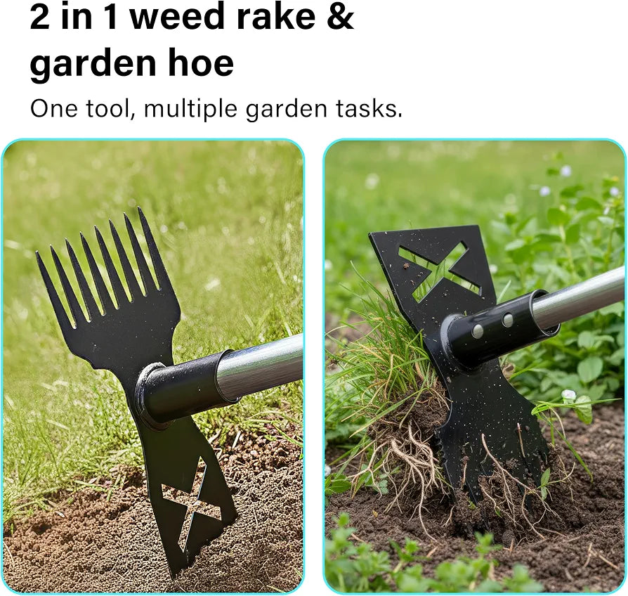 Weed Puller Tool with Long Handle, 148cm Weed Remover, 2-in-1 Gardening Hand Tools with Glove, Weeder Rake & Garden Hoe Combo, Manual Weeding Tool for Garden Yard Patio Lawn