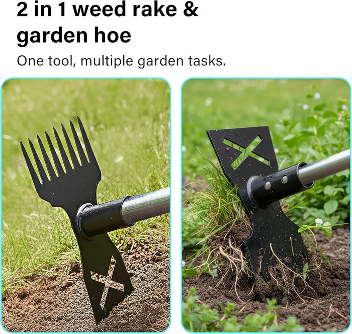 Weed Puller Tool with Long Handle, 148cm Weed Remover, 2-in-1 Gardening Hand Tools with Glove, Weeder Rake & Garden Hoe Combo, Manual Weeding Tool for Garden Yard Patio Lawn