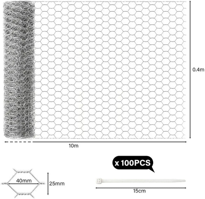 Chicken Wire 40cm x 10m, 25mm Chicken Wire Mesh Roll with 100 Cable Ties, Anti-Rust Hexagonal Galvanized Metal Wire Mesh, for DIY, Pet Rabbit Chicken Fencing, Protect Gardening Plants
