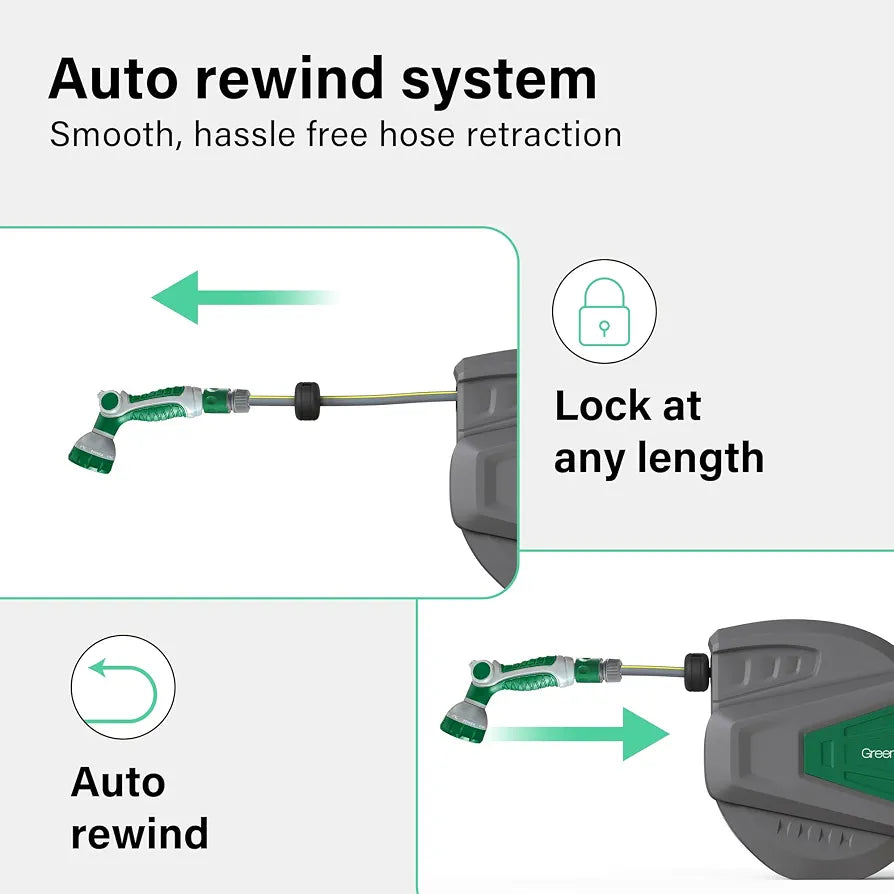 Wall Mounted Garden Hose Reel, 20+2m Retractable Hose Pipe, Auto Rewind System, Easy to Install, Any Length Lock,180°Swivel Bracket, Heavy Duty Water Hose Reel