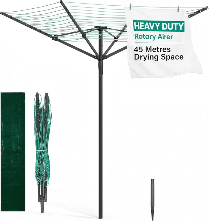 Vivo Technologies 4 Arm 45M Rotary Washing Line Heavy Duty Clothes Airer Dryer for Outdoor & Garden, Folding Large Rotary Clothes Line with Metal Ground Spike and Cover, Green