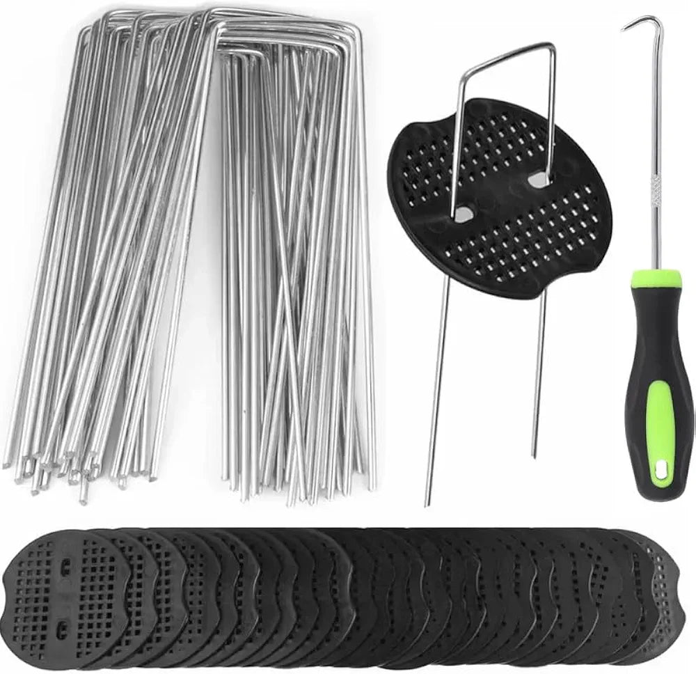 200 Weed Control Membrane Pegs + 200 Buffer Washer Weed Mat Pegs U-Shaped Galvanised Securing Pegs Ground Cover Pegs Metal Garden Landscape Staples Artificial Grass Pins Barrier Pegs