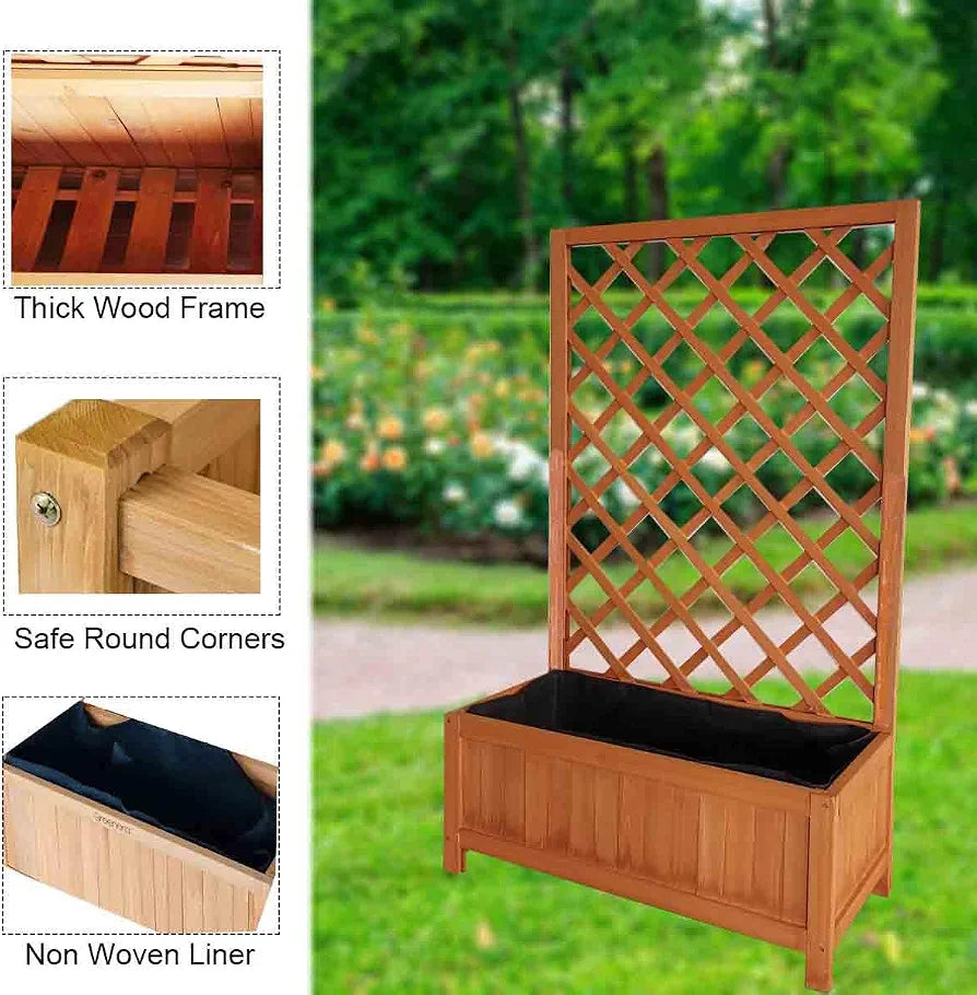 Vivo Technologies Large Rectangular Wooden Planter with Liner and Lattice Trellis Panels for Climbing Plants, 70x30x135cm Flower Plant Pot Box for Garden Patio, Natural