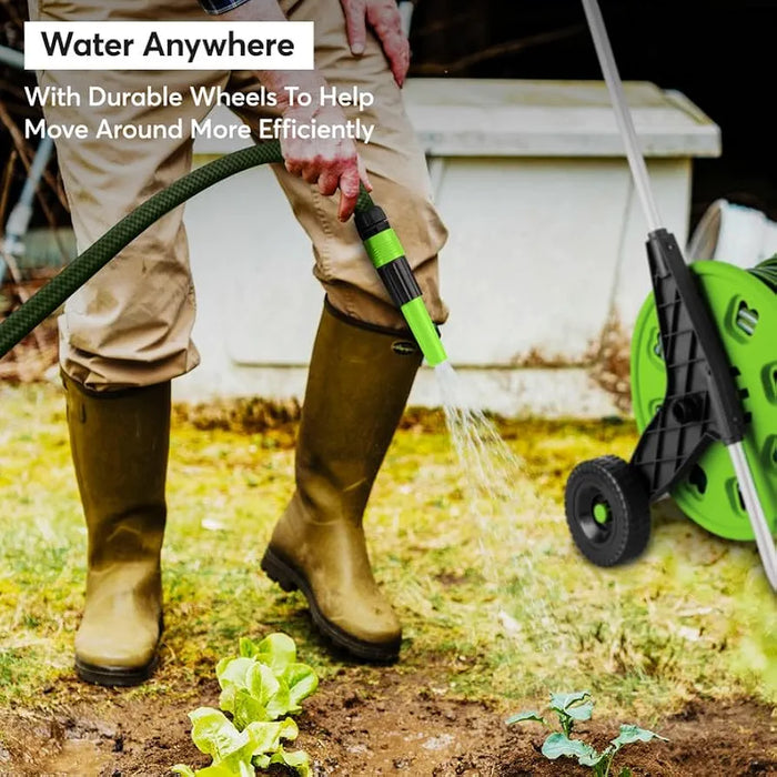 50M Garden Hose Trolley with Hosepipe |48.5m Water Pipe + 1.5m Leader Hose | Spray Gun | Rewind Handle | Tap Connectors | Wheels | Freestanding | Car Pressure Washer Compatible