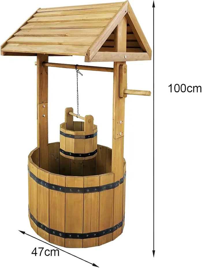 Vivo Technologies Large Wooden Wishing Well Planter Large Solid Pine Ornamental Outdoor Garden Plant Flower Pot Outdoor Ornament Decoration