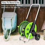 50M Garden Hose Trolley with Hosepipe |48.5m Water Pipe + 1.5m Leader Hose | Spray Gun | Rewind Handle | Tap Connectors | Wheels | Freestanding | Car Pressure Washer Compatible