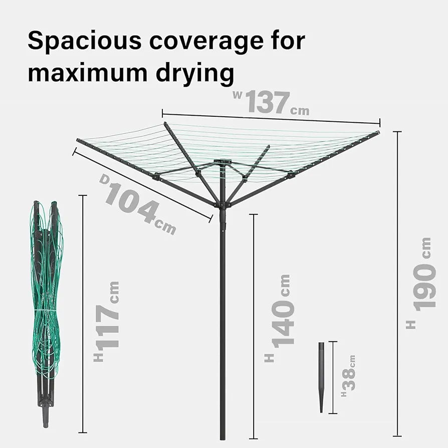 Vivo Technologies 4 Arm 45M Rotary Washing Line Heavy Duty Clothes Airer Dryer for Outdoor & Garden, Folding Large Rotary Clothes Line with Metal Ground Spike and Cover, Green