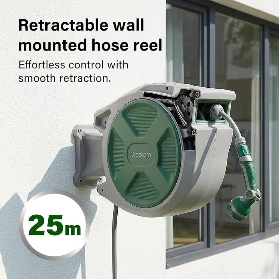 Retractable Hose Reel Wall Mounted, 25+2m Garden Hose Reel,Garden Hose Pipe with 10-Function Spray Gun, Auto Rewind,180° Pivoting