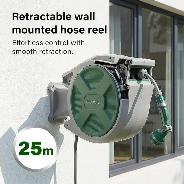 Retractable Hose Reel Wall Mounted, 25+2m Garden Hose Reel,Garden Hose Pipe with 10-Function Spray Gun, Auto Rewind,180° Pivoting