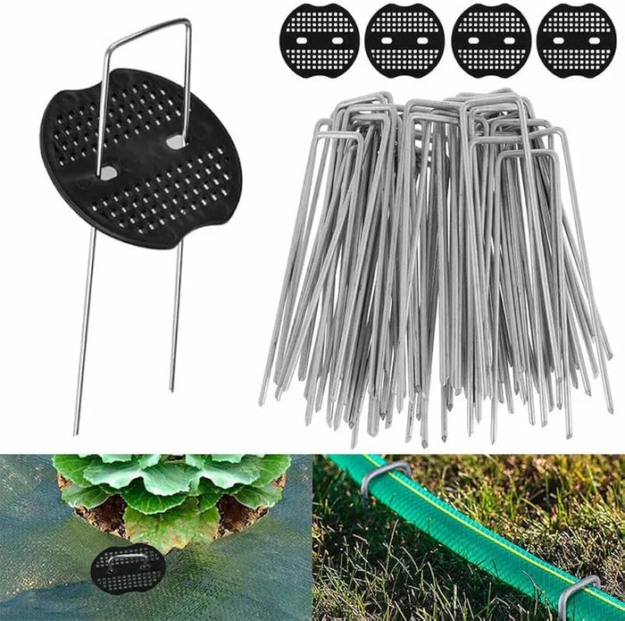 200 Weed Control Membrane Pegs + 200 Buffer Washer Weed Mat Pegs U-Shaped Galvanised Securing Pegs Ground Cover Pegs Metal Garden Landscape Staples Artificial Grass Pins Barrier Pegs