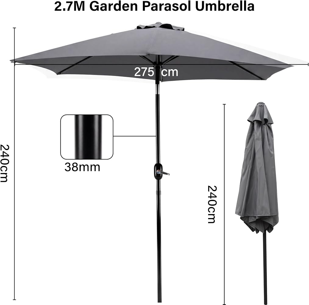 2.7m Tilting Parasol, Crank Up & Tilt Outdoor Garden Parasol Umbrella, Waterproof Sun Shade Canopy UV30+ Polyester Canopy, 38mm Parasol Pole, Air Vent, Steel Frame for Patio, Garden & Balcony