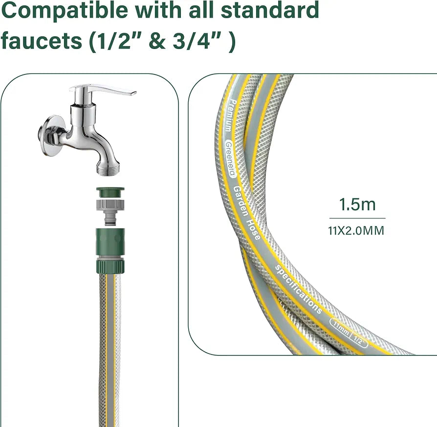 1.5m Short Hose Pipe ø 11 mm  | Universal Connection Kit | Small Hosepipe Including 3/4'' Male Threaded | 2 in 1 Tap Adapter | Fitting Kit for Garden Hose Reel Cart