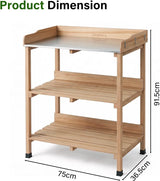 3 Tier Garden Potting Table, Wooden Potting Bench with 6 Hooks and Shelves, Garden Table Garden Work Station Outdoor Potting Table for Patios,Courtyards, Garden, 91.5cm x 75cm x 36.5cm