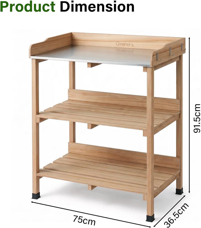 3 Tier Garden Potting Table, Wooden Potting Bench with 6 Hooks and Shelves, Garden Table Garden Work Station Outdoor Potting Table for Patios,Courtyards, Garden, 91.5cm x 75cm x 36.5cm