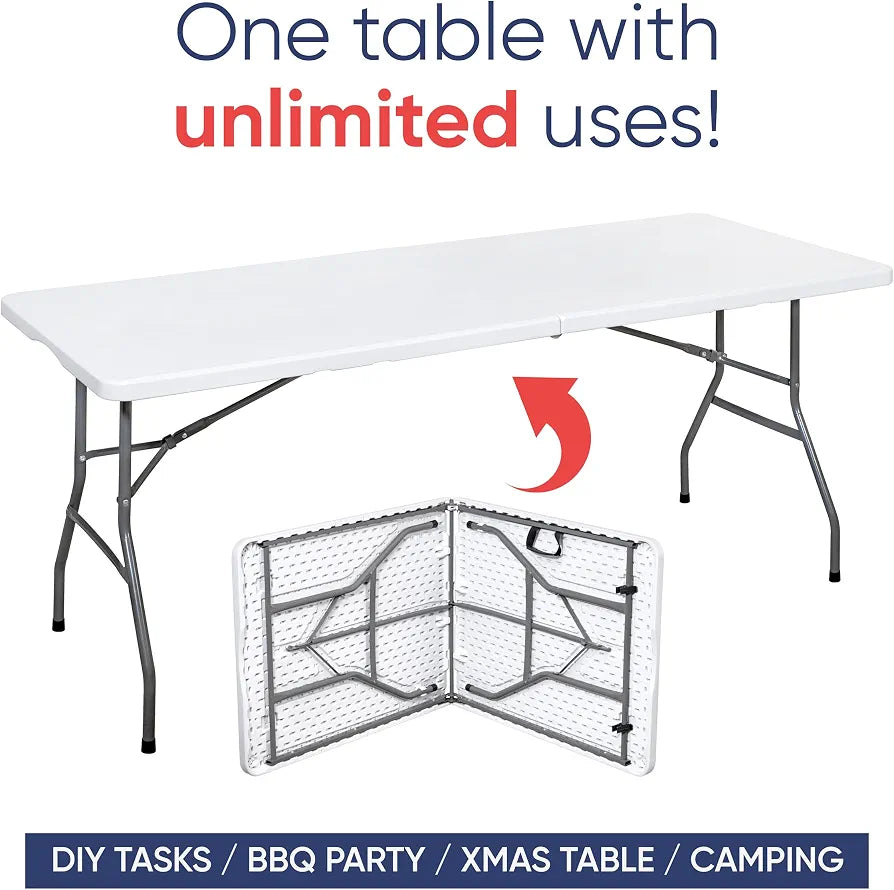 Rectangle Folding Trestle Table Outdoor Picnic Folding Portable Camping Tables for Parties, Garden, BBQ, Beach, Indoor & Outdoor Use, Party Catering Wedding Easy Assembly 6ft 180x70x74cm White