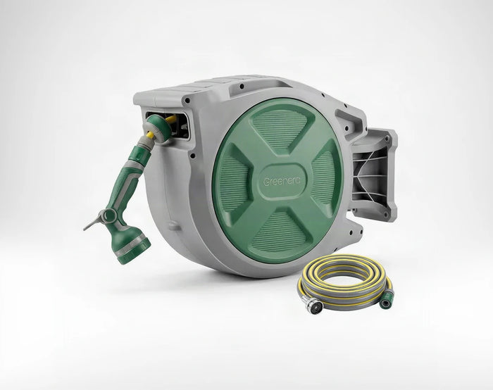 Retractable Hose Reel Wall Mounted, 25+2m Garden Hose Reel,Garden Hose Pipe with 10-Function Spray Gun, Auto Rewind,180° Pivoting