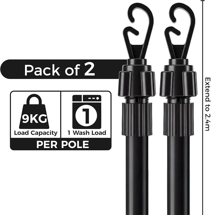 2.4M Telescopic Washing Line Prop Pole Metal Clotheslines Heavy Duty Home Garden Laundry Support Drying Line Poles Dry Clothes Drying Airer Washing Pole Extenedable to 2.4M Black Pack of 2