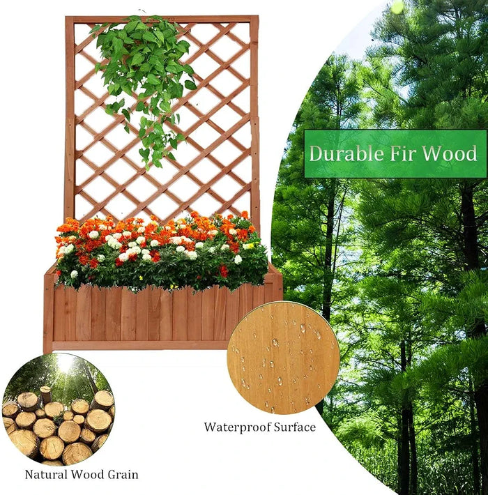 Vivo Technologies Large Rectangular Wooden Planter with Liner and Lattice Trellis Panels for Climbing Plants, 70x30x135cm Flower Plant Pot Box for Garden Patio, Natural