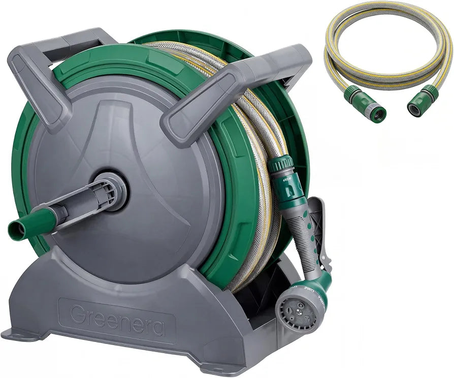 Garden Hose Reel 30M |28.5m Water Pipe + 1.5m Leader Hose |Wall Mounted or Floor Standing with Hose Pipe | 7 Adjustable Spray Gun |Includes Hosepipe, Fittings, Nozzle for Lawn, Patio & Car Cleaning