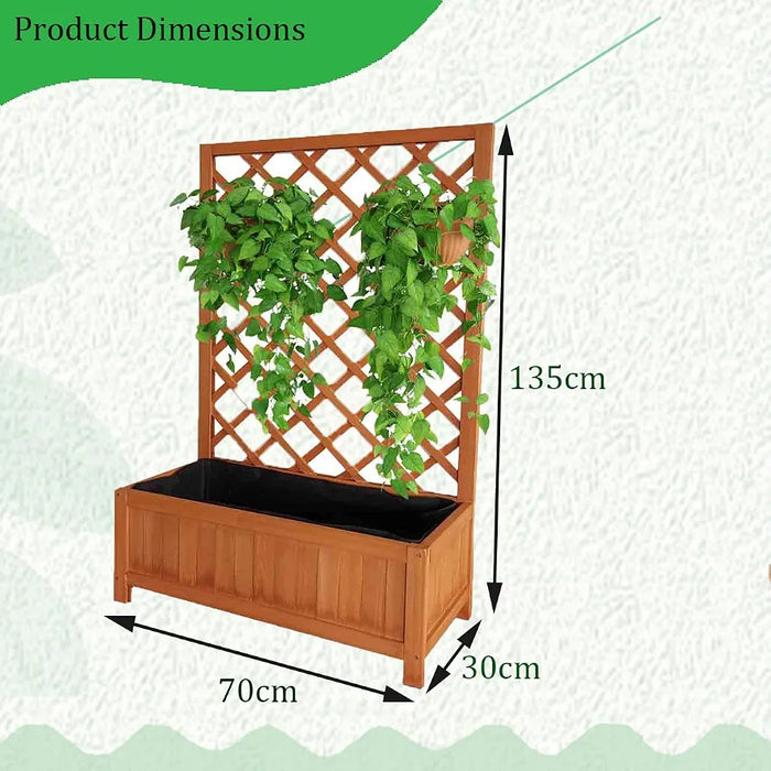 Vivo Technologies Large Rectangular Wooden Planter with Liner and Lattice Trellis Panels for Climbing Plants, 70x30x135cm Flower Plant Pot Box for Garden Patio, Natural