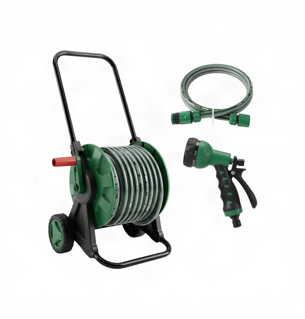 30M Garden Hose Pipe Reel Cart on Wheels | 28.5m Water Pipe | 1.5m Leader Hose | Hosepipe Trolley with Rewind Handle | 7 Mode Spray Gun | Freestanding | Tap Connectors | Car Pressure Washer Compatible
