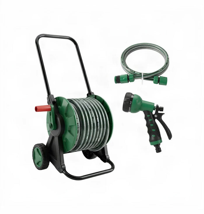 30M Garden Hose Pipe Reel Cart on Wheels | 28.5m Water Pipe | 1.5m Leader Hose | Hosepipe Trolley with Rewind Handle | 7 Mode Spray Gun | Freestanding | Tap Connectors | Car Pressure Washer Compatible