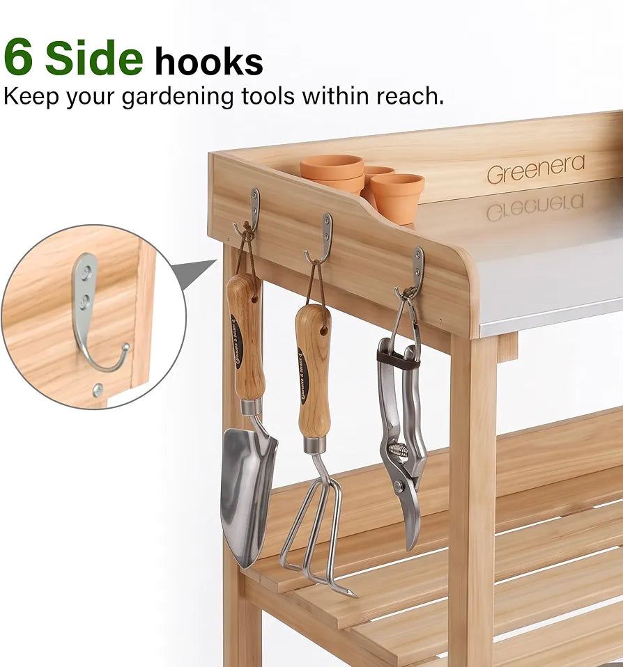 3 Tier Garden Potting Table, Wooden Potting Bench with 6 Hooks and Shelves, Garden Table Garden Work Station Outdoor Potting Table for Patios,Courtyards, Garden, 91.5cm x 75cm x 36.5cm