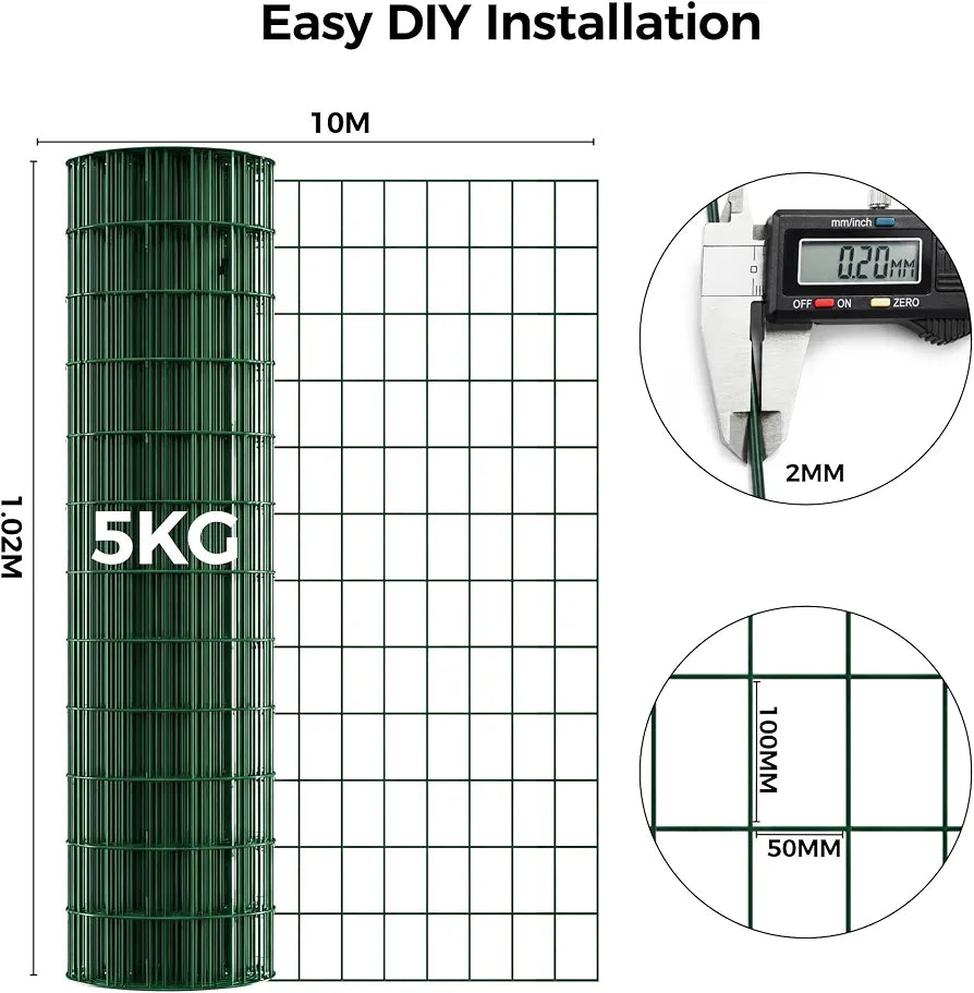 Chicken Wire Fence ,1.02m x 10m PVC Coated Fencing Roll, Heavy Duty Garden Wire Mesh Galvanized Steel , Easy Installation for Garden Fencing,Poultry Coops, Plant Support