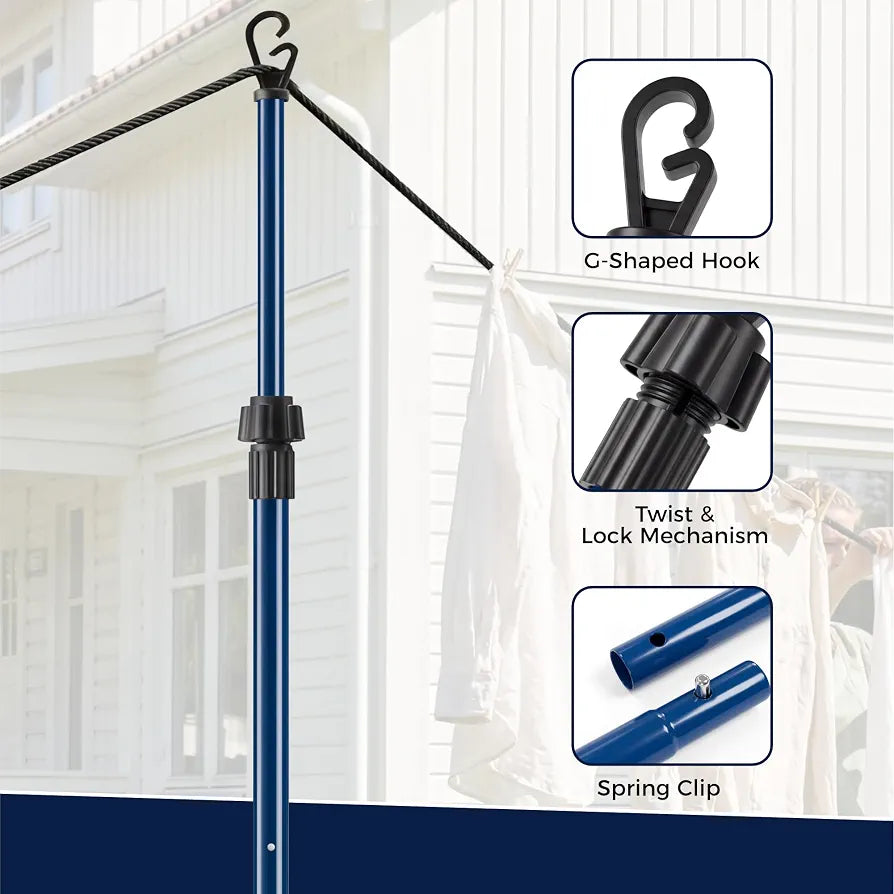 2.6 Meter Telescopic Washing Line Prop Pole Clothesline Heavy Duty Garden Dry Clothes Drying Airer Support Clothes Line Pole Galvanised Laundry Outdoor Washing Line Poles Extenedable to 2.6M Pack of 2