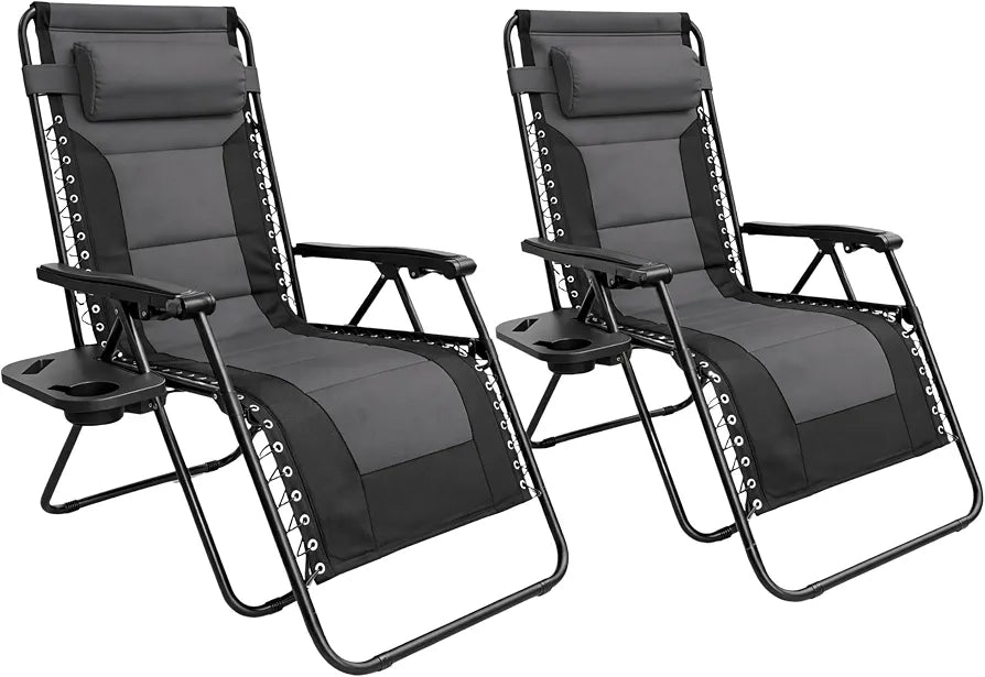 Set of 2 Extra Wide Zero Gravity Chairs, Luxury XXL Premium Heavy Duty Padded Garden Recliners,Sun Lounger Folding Garden Recliner,Adjustable Headrest,Cup & Phone Holder
