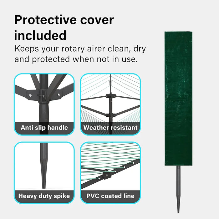 Vivo Technologies 4 Arm 45M Rotary Washing Line Heavy Duty Clothes Airer Dryer for Outdoor & Garden, Folding Large Rotary Clothes Line with Metal Ground Spike and Cover, Green