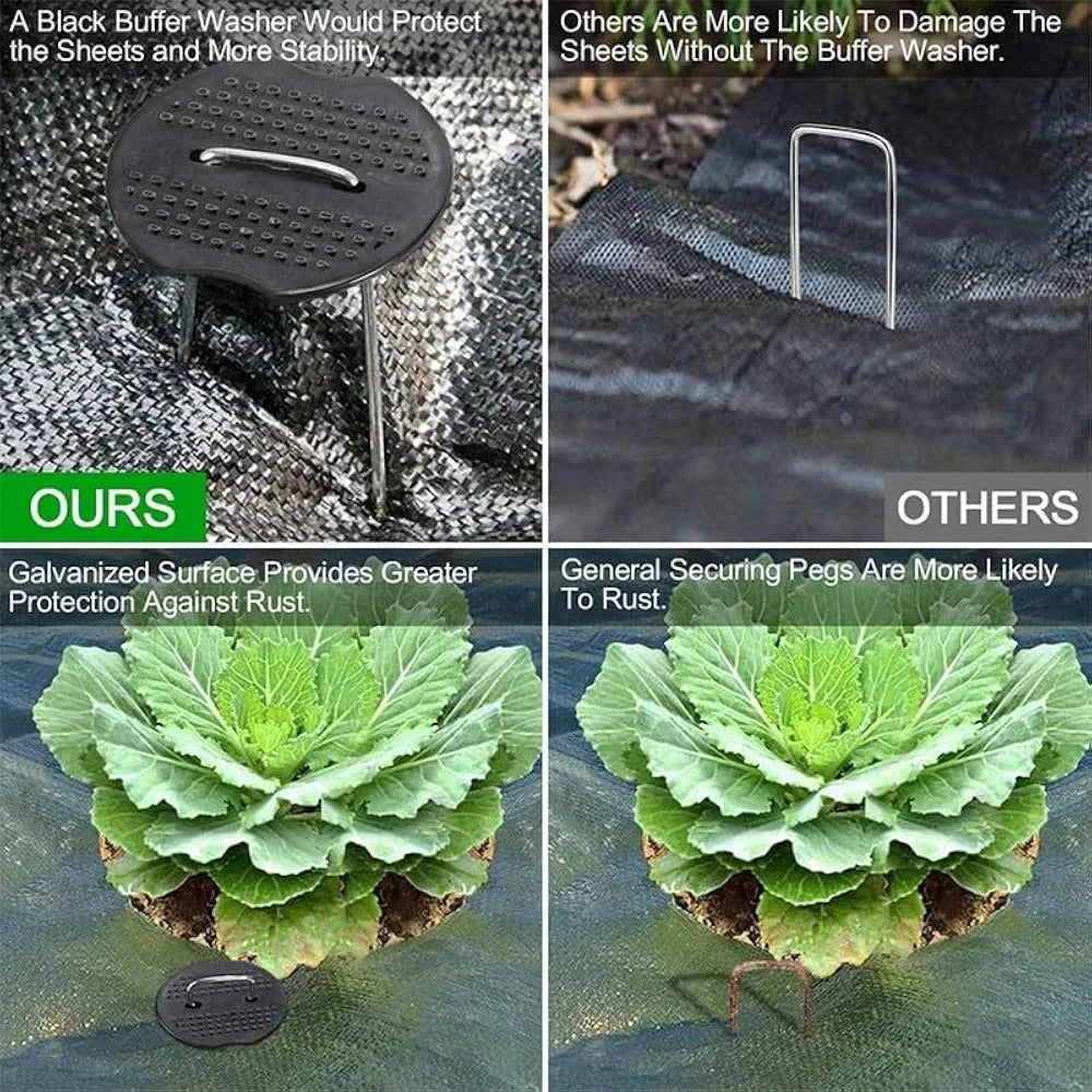 Vivo Technologies 50 Weed Control Membrane Pegs + 50 Buffer Washer Weed Mat Pegs U-Shaped Galvanised Securing Pegs Ground Cover Pegs Metal Garden Landscape Staples Artificial Grass Pins Barrier Pegs