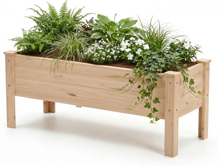 Natural Raised Bed for Garden, Wooden Elevated Rectangle Planter Box for Vegetables Flowers Herbs Gardening, 119x42x51 cm