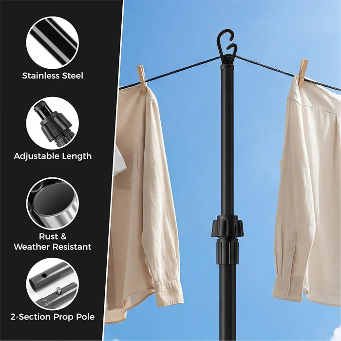 2.4M Telescopic Washing Line Prop Pole Metal Clotheslines Heavy Duty Home Garden Laundry Support Drying Line Poles Dry Clothes Drying Airer Washing Pole Extenedable to 2.4M Black Pack of 2