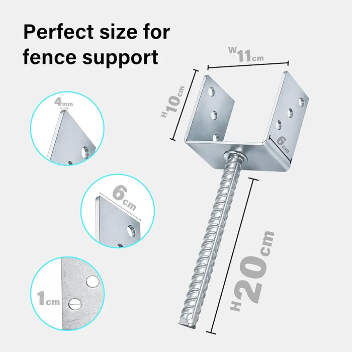4 x Fence Posts Support, U-Type Pergola Bracket Extenders with Foot-Shaped Concrete Anchors. Heavy-Duty Galvanized Steel Spikes, 4mm Thick. 100 x 100 x 60mm 