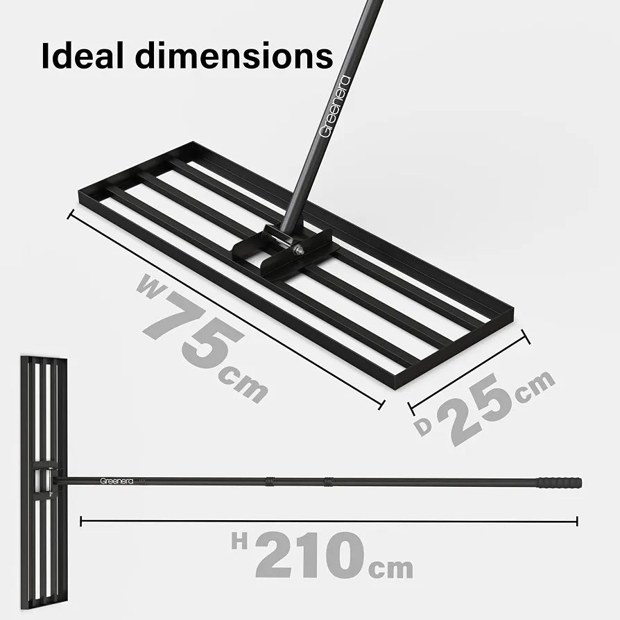 Lawn Levelling Rake, 75 x 25cm Lawn Leveler with 210cm Long Handle, Heavy Duty Stainless Steel Level Lawn Tool, Landscape Rake Adjustable Curved End Grip for Soil Sand Dirt Surfaces Garden Grass